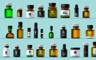 Various bottles of cannabidiol oil arranged on a sleek