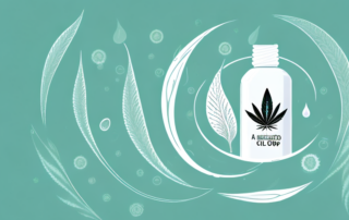 A dropper bottle with cbd oil and various symbols of wellness like a calm wave