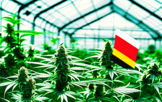 A cannabis plant growing inside a greenhouse with a german flag in the background