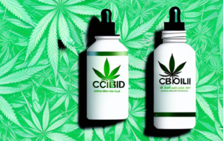 A cbd hemp oil bottle with hemp leaves around it