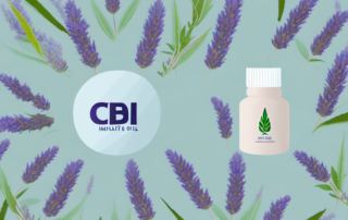 A serene natural setting with a cbd oil bottle gently nestled among calming elements like lavender flowers and a tranquil stream