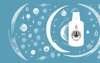 A cbd oil bottle with various symbols around it representing common side effects such as a drowsy moon