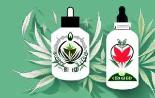 A cbd oil bottle surrounded by various health and wellness symbols like a leaf