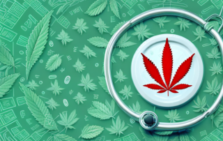 A marijuana leaf with medical symbols like a stethoscope and a pill bottle