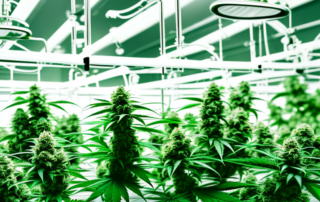 Several cannabis plants growing in a medical setting