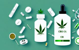 A medical prescription bottle with cbd oil dropper and hemp leaves around it