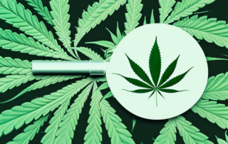A hemp plant with a magnifying glass focusing on its leaves