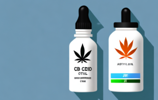 A cbd oil bottle next to a stylized