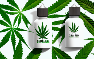A cbd oil bottle with a hemp leaf on it