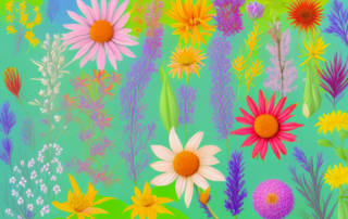 A vibrant and colorful natural scene showcasing various plants and flowers in full bloom
