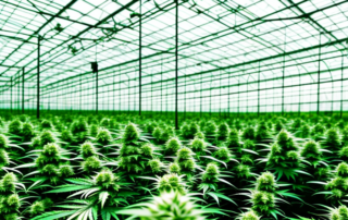 Various cannabis plants thriving in a greenhouse with the german flag subtly incorporated into the background