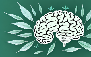A brain with various sections highlighted and stylized cannabis leaves interacting with those sections