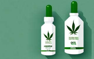 A hemp oil bottle with a hemp leaf on it