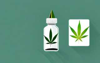 A cannabis leaf lying next to a small bottle of oil