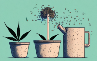 A few hemp seeds being planted in a small pot with a watering can nearby