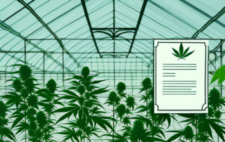 A cannabis plant growing in a well-lit greenhouse with a legal document nearby