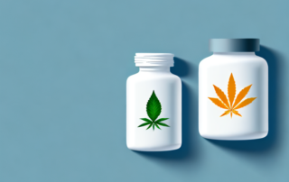 A thc tablet next to a medicinal bottle with a pain relief symbol