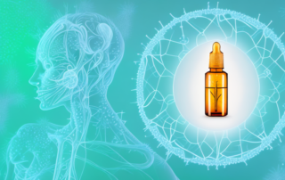 A cbd oil dropper with drops falling into a stylized representation of a human body