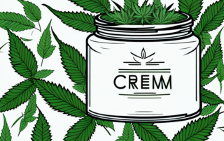 A hemp cream jar surrounded by hemp leaves