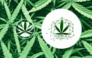 A cbd molecule structure surrounded by various natural elements like hemp leaves and droplets of oil