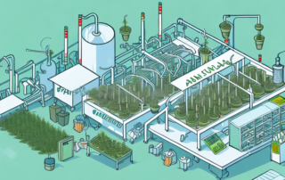 A factory in germany with cannabis plants in the foreground and the process of cbd extraction taking place inside the factory