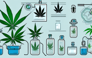 A variety of cannabis plants inside a medical lab setting with price tags attached to them