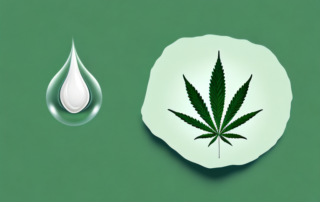 A cannabis leaf and a droplet of oil