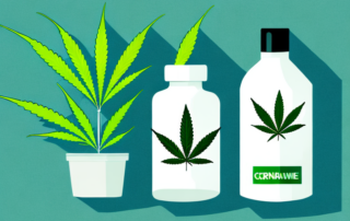 A cannabis plant next to a bottle of medicine