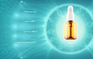 A cbd oil dropper with a few drops falling into a glowing outline of a human body