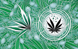 A cannabis plant surrounded by symbolic imagery of nerve cells and pain signals