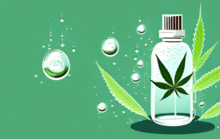 A hemp plant with droplets of oil dripping from its leaves into a small