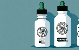 A hemp oil bottle with small symbolic illustrations around it