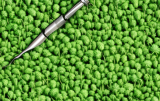 A lush hemp field with various tools like a pruner and a magnifying glass scattered around