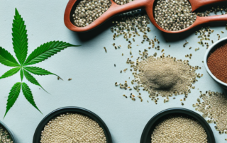 Various types of hemp seeds scattered on a table next to small hemp plants growing in pots
