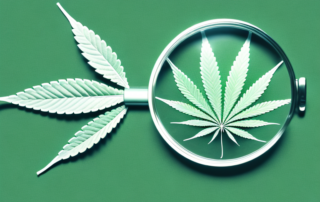 A cannabis leaf with a magnifying glass focusing on its structure