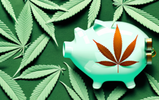 A medical marijuana leaf inside a transparent piggy bank
