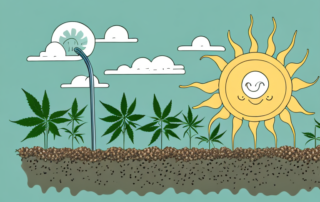 A few hemp seeds being planted in fertile soil with a watering can nearby and a sun shining brightly above