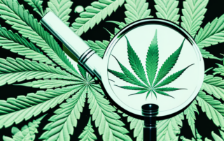 A cannabis plant with a magnifying glass focusing on its leaves