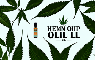 A bottle of hemp oil surrounded by various natural elements like leaves and flowers