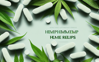 A variety of hemp tablets surrounded by natural elements like plants and flowers