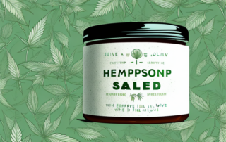 A jar of hemp salve surrounded by hemp leaves