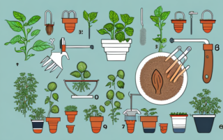 A sprouting seedling being planted in a pot with gardening tools nearby