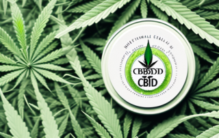 A jar of cbd salve surrounded by various natural elements like hemp leaves