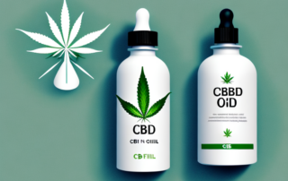 A cbd oil bottle with a hemp leaf on it
