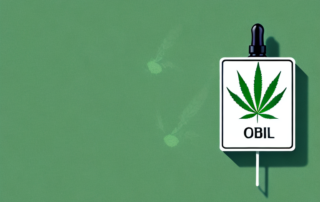 A cbd oil dropper with a few cannabis leaves around it