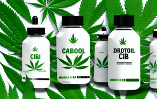 A variety of cannabidiol (cbd) dropper bottles with hemp leaves in the background