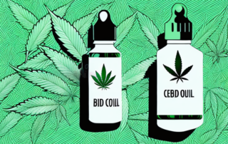 A cbd cannabis oil dropper bottle with a hemp leaf in the background