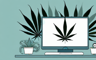 A computer on a home desk with a cannabis leaf on the screen