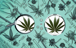 A variety of medical cannabis flowers with a magnifying glass focusing on one