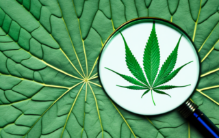 A magnifying glass examining a close-up view of a cannabis leaf